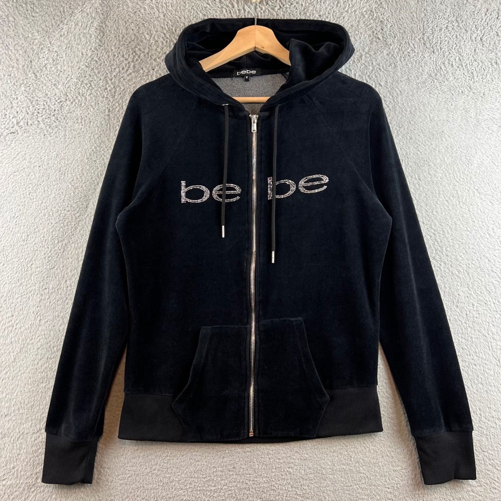 Y2K Bebe Womens Black Velour Rhinestone Logo Full Zip Hoodie Sweatshirt Size M